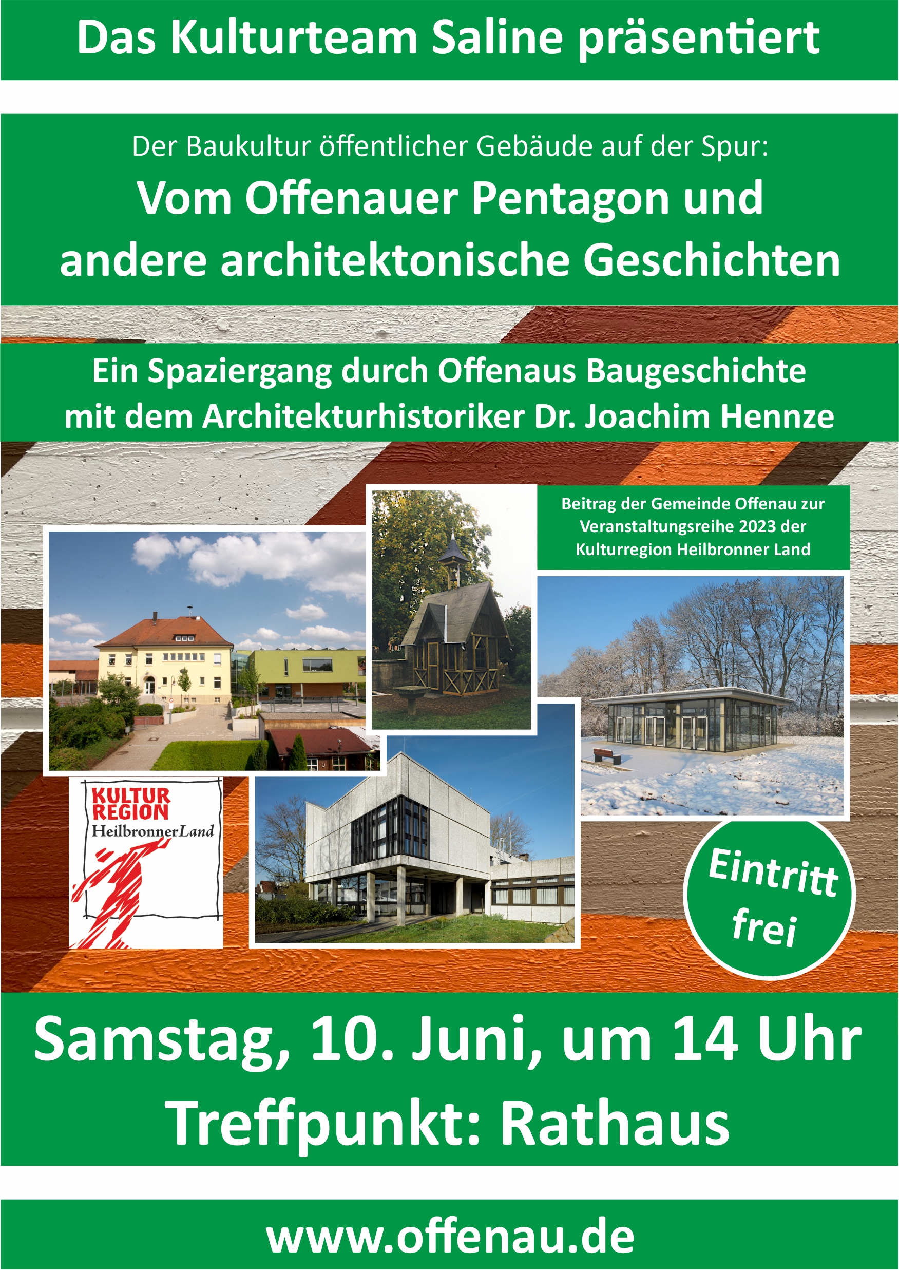 Veranstaltungsplakat zur Führung durch die Offenauer Architekturgeschichte im Rahmen der Projektreihe der Kulturregion Heilbronner Land 2023