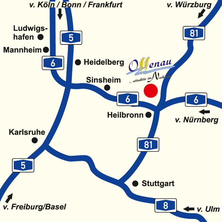 Offenau liegt in der Nähe des Autobahnknotenpunkts Weinsberger Kreuz (A 6 / A 81)