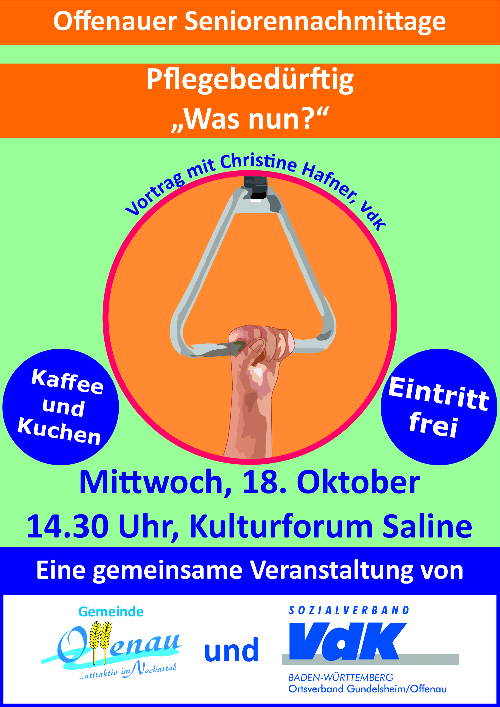 Plakat zum Vortrag Pflegebedürftig - was nun am 18.10.2023 (Grafik: P. Gärtner/Gemeinde Offenau