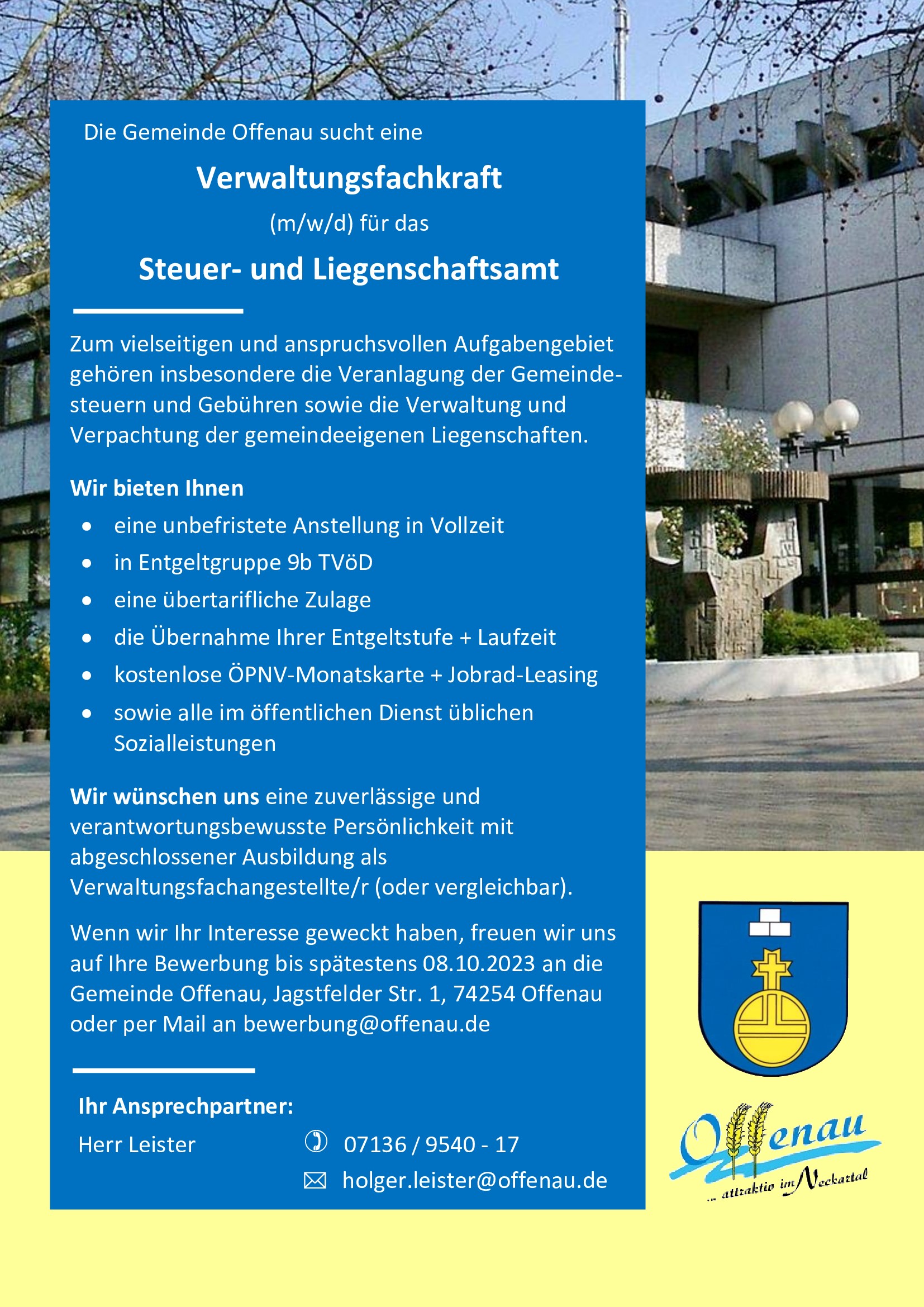 Stellenanzeige Liegenschaften/Steueramt (Grafik: Gemeinde Offenau)