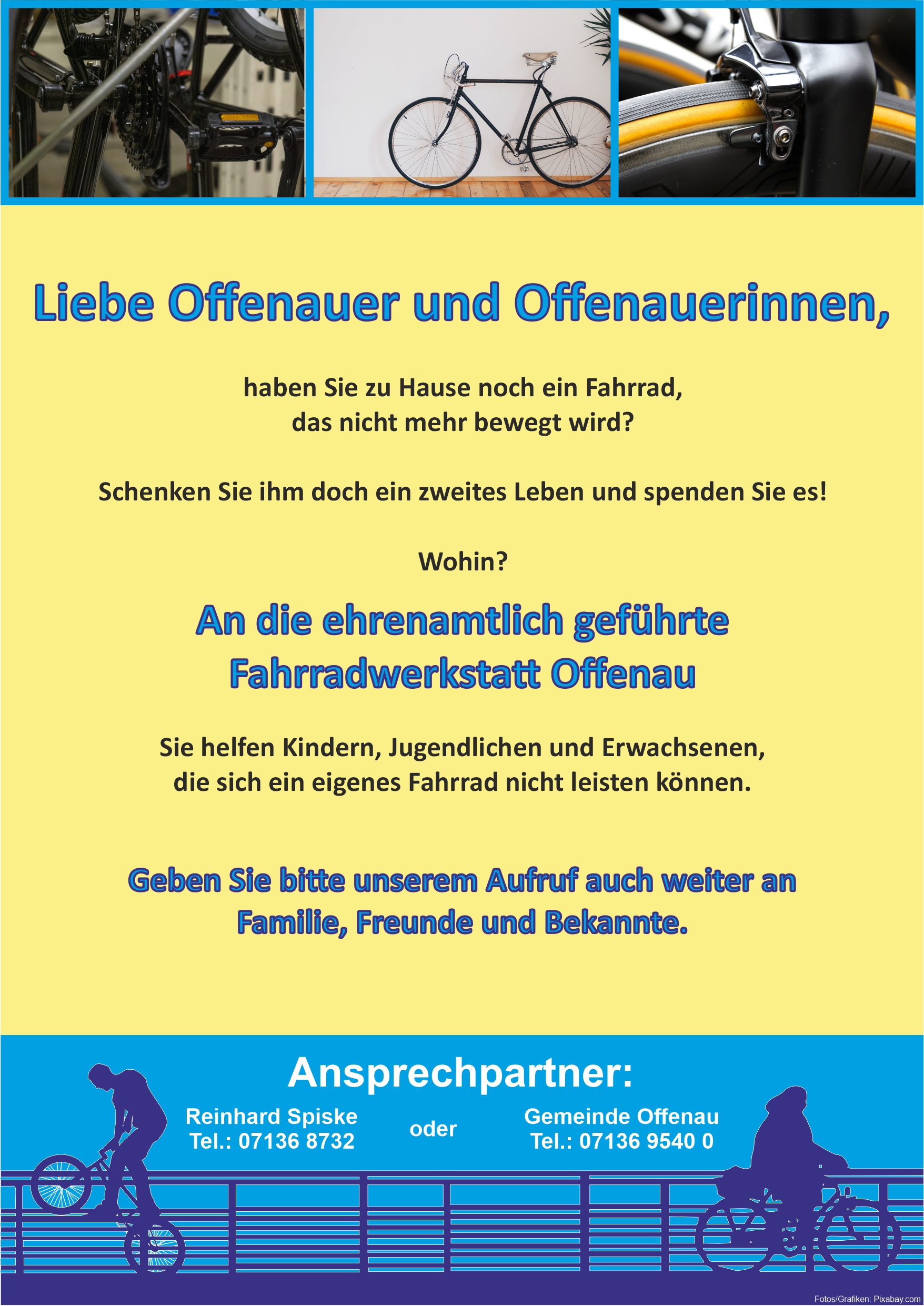 Plakat Spendenaufruf für die ehrenamtliche geführte Fahrradwerkstatt Offenau (Grafik: P.Gärtner/Gemeinde Offenau)