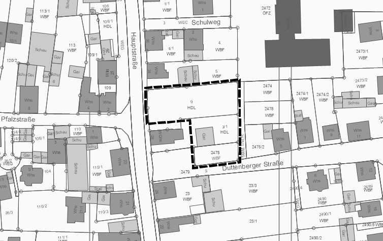 Kartenausschnitt mit eingezeichnetem Bereich für den Bebauungsplan Hauptstraße 30-32 (Quelle: iFk)