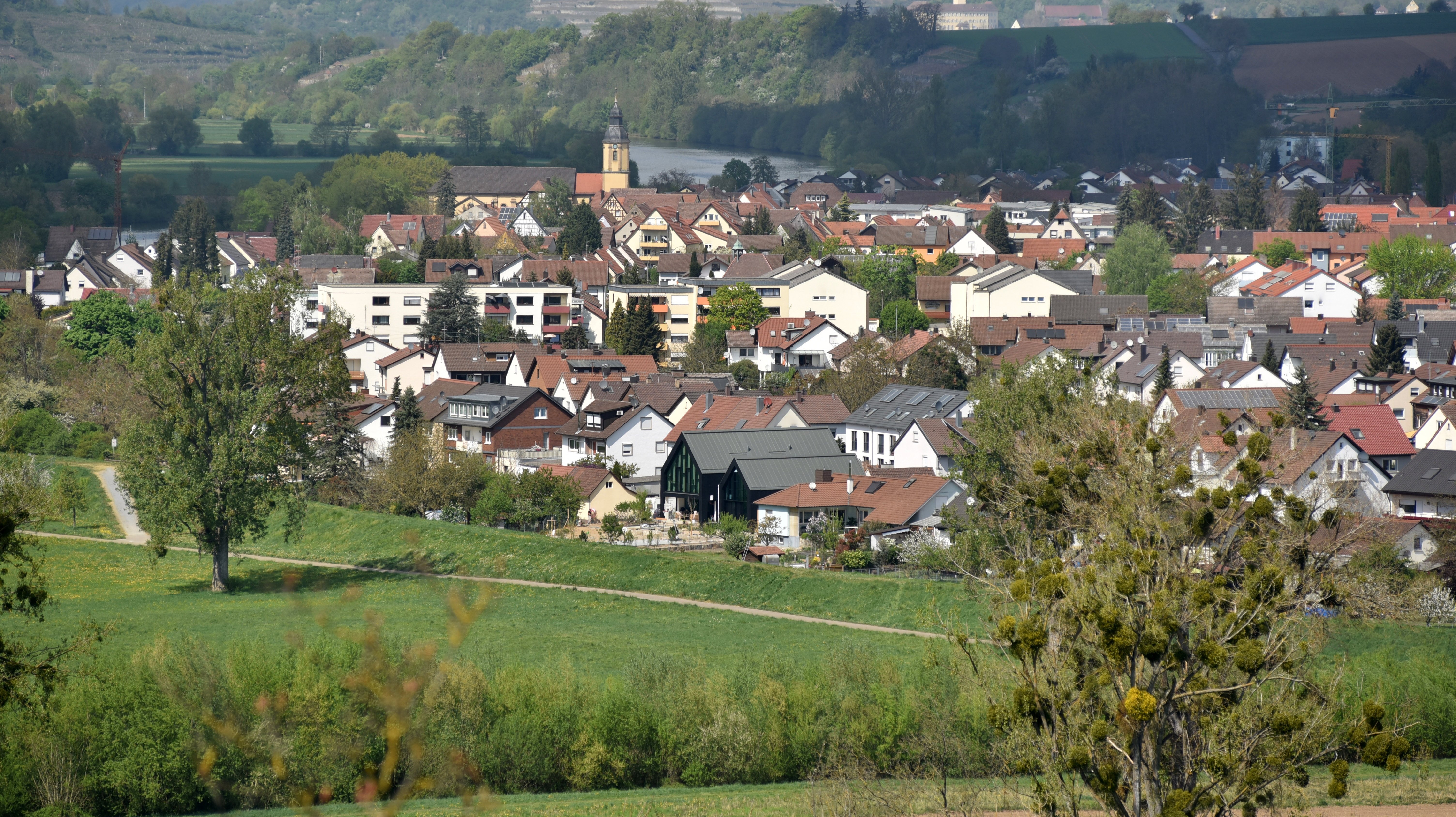 Blick hinab ins Neckartal auf Offenau, aufgenommen von der gegenüberliegenden Uferseite in Bad Wimpfen