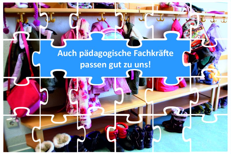Eine Puzzlestruktur über der Abbildung einer Garderobe mit Kinderbekleidung als Themenfoto für die Personalsuche im Kindergarten (Grafik: P. Gärtner/ Gemeinde Offenau