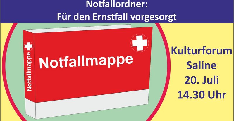 Plakat mit der Grafik eines roten Aktenordners in der Mitte zum Vortrag Notfallmappe (Grafik: P. Gärtner/Gemeinde Offenau